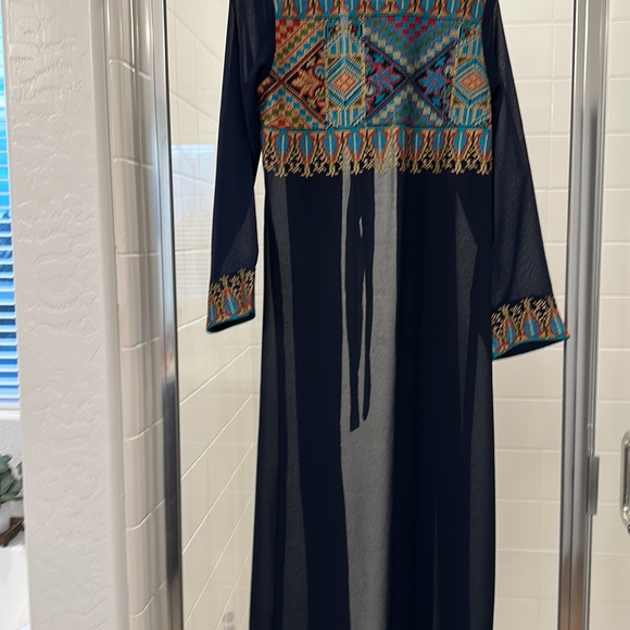 Navy blue embroidered long sleeve open Abaya with matching belt - Picture 5 of 5